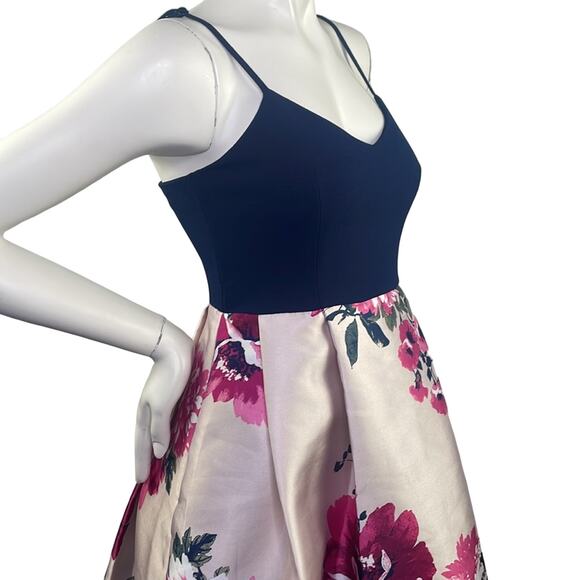 Nights By Teeze Me Strappy Velour Top Floral Bottom Gown Dress Navy Pinks 5/6 - Picture 15 of 16